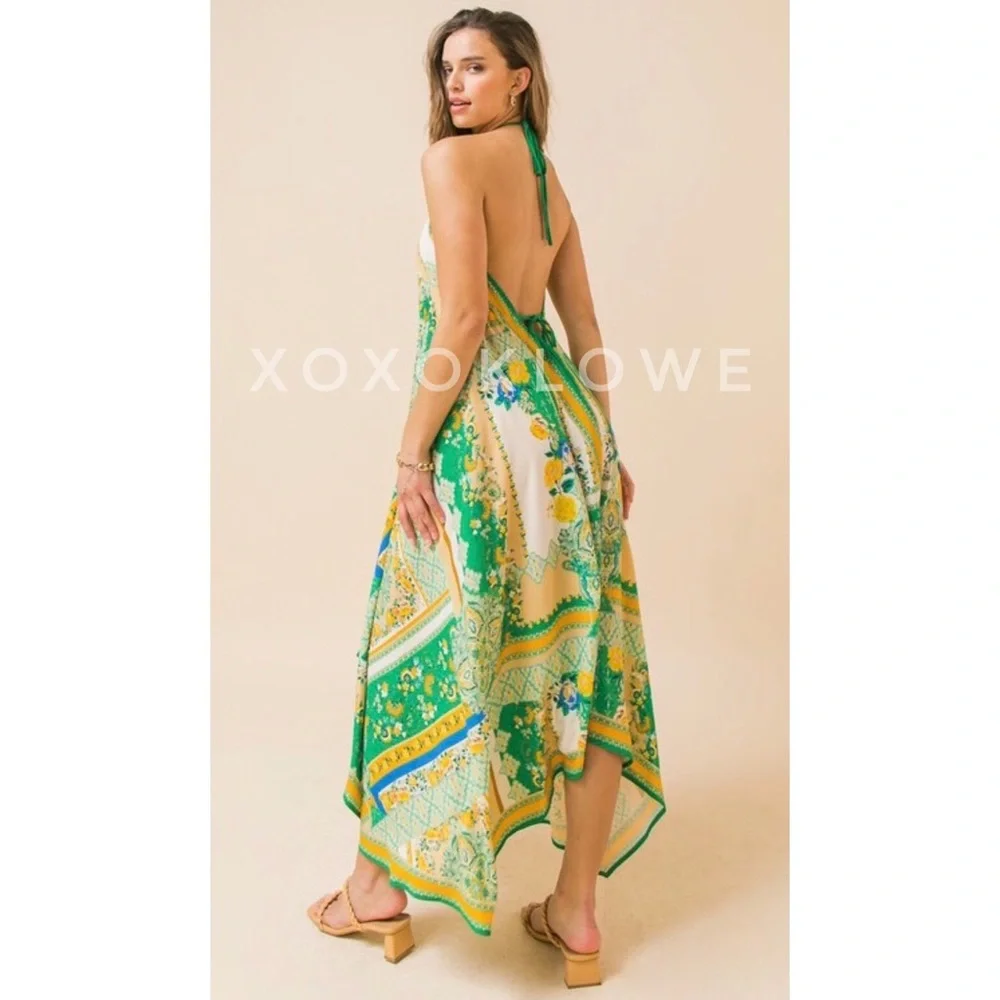 Boho Print Hanky Hem Halter Midi Dress - Picture 5 of 10